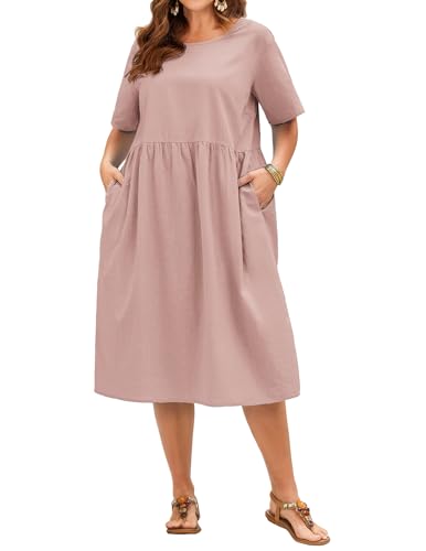 IN'VOLAND Übergröße, Baumwoll-Leinenkleider für Damen, kurzärmelig, Sommerkleid, Midi-Kleid mit Taschen, Rose, 50 Mehr von IN'VOLAND