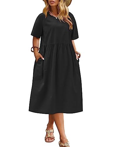 IN'VOLAND Übergröße, Baumwoll-Leinenkleider für Damen, kurzärmelig, Sommerkleid, Midi-Kleid mit Taschen, Schwarz, 48 Mehr von IN'VOLAND