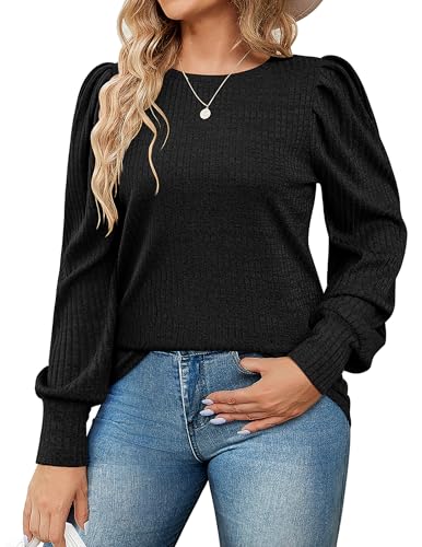 IN'VOLAND Übergröße Damen Puffstrick Bluse Langarm Shirt Rundhals Elegant Tunika Tops, Schwarz, 48 Plus von IN'VOLAND