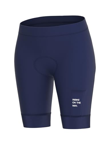 INBIKE Fahrradhose Damen Kurz Gepolstert Sommer Radlerhose mit Sitzpolster High Waist Atmungsaktive Elastische Schnell Trocknend Frühling Herbst Blau XXL von INBIKE