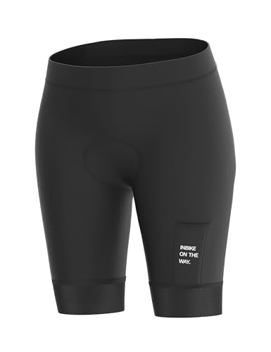 INBIKE Fahrradhose Damen Kurz Gepolstert Sommer Radlerhose mit Sitzpolster High Waist Atmungsaktive Elastische Schnell Trocknend Frühling Herbst Schwarz XL von INBIKE