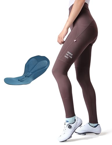 INBIKE Fahrradhose Damen Lang Gepolstert Sommer Herbst Radlerhose mit Sitzpolster High Waist Atmungsaktive Elastische Schnell Trocknend Frühling Braun L von INBIKE