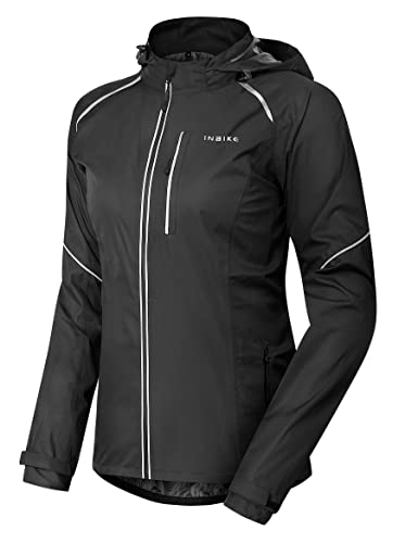 INBIKE Fahrradjacke Damen Regenjacke Wasserdicht Atmungsaktiv Fahrrad Outdoorjacke Laufjacke Regen Jacke Winddicht Reflektierend Sommer Leicht Kapuze Schwarz L von INBIKE