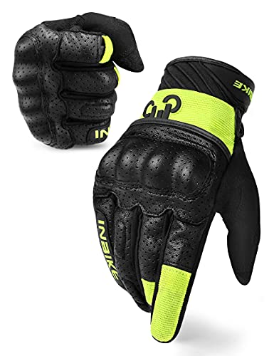 INBIKE Motorrad Handschuhe Herren Winter Sommer Leder Motorradhandschuhe Atmungsaktiv Verschleißfest Touchscreen Motorradhandschuhe Mit Harter Schutzhülle Grün L von INBIKE