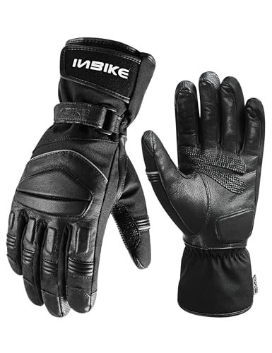 INBIKE Motorradhandschuhe Herren Damen Leder Winter Fahrrad Motorrad Handschuhe Motocross Thermo Fahrradhandschuhe Wasserdicht Warm Winterhandschuhe für Ski Snowboard Schwarz L von INBIKE