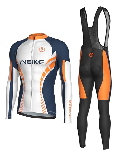 INBIKE Radtrikot Herren Langarm Set mit Sitzpolster Fahrradtrikot Fahrradhose Trägerhose Gepolstert Atmungsaktiv Schnell Trocknend für Radfahren Rennrad MTB Outdoor 3XL von INBIKE