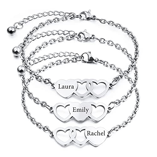 INBLUE 2～3 PCS Personalisierte Herzform Armbänder Set Bester Freund Name Angepasst 1～3 Namen Beste Freundin Geschenke für Frauen Freundschaft BFF Armbänder für 2～3 Schwestern (Silber 3 Stück) von INBLUE