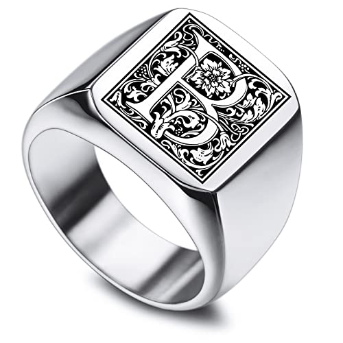 INBLUE Benutzerdefinierte gravierte Initiale Monogram Signet Ring für Männer Frauen Jungen Herren Ringe Edelstahl, Bündel mit Ringgrößeneinstellern (Silber, Größe 70) von INBLUE