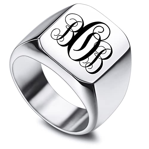 INBLUE Benutzerdefinierte gravierte Initiale Monogram Signet Ring für Männer Frauen Jungen Herren Ringe Edelstahl, Bündel mit Ringgrößeneinstellern (Silber, Größe 70) von INBLUE