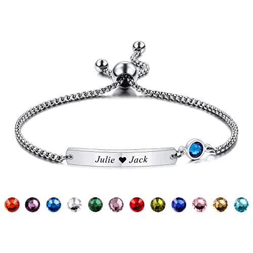 INBLUE Custom Name Armband mit Geburtsstein für Frauen Edelstahl Verstellbarer Personalisierter ID Koordinaten Graviertes Armband Jubiläum Anpassungsgeschenk für Mutter Freundin Schwester (Silber) von INBLUE