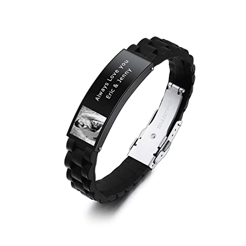 INBLUE Einstellbar Edelstahl Silikon Personalisiertes Armband Customized Carving Foto & Text Armband Schmuck Geschenke für Männer Boyfriend Ehemann Bruder Vater - Schwarz&Schwarz von INBLUE