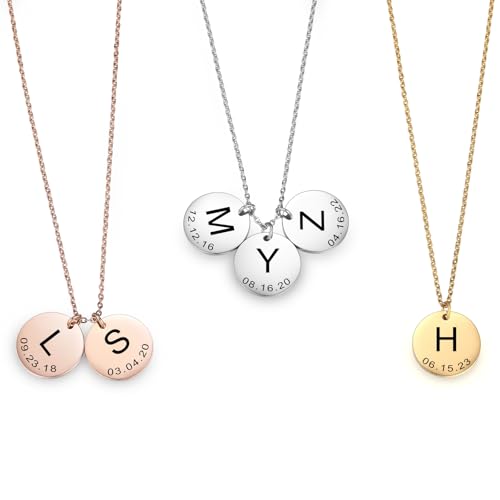 INBLUE Personalisierte Runde Scheibe Halskette für Frauen Gravierte Initiale/Datum Halskette Optional mit Geschenkbox Silber/Gold/Rosegold Charme Halskette Schmuck Geschenke für Frauen - Anpassen von INBLUE