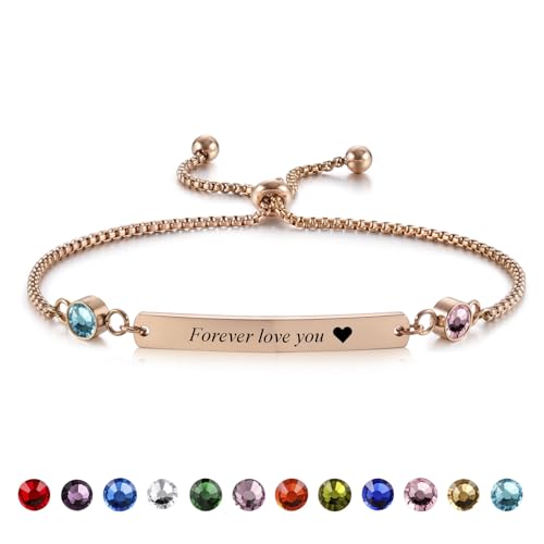 INBLUE Individuelle Name Bar Armband mit Geburtsstein für Frauen Edelstahl Einstellbar Personalisierte Gravierte Text Armband Jahrestag Angepasstes Geschenk für Mama Freundin Schwester - Rosa Gold von INBLUE