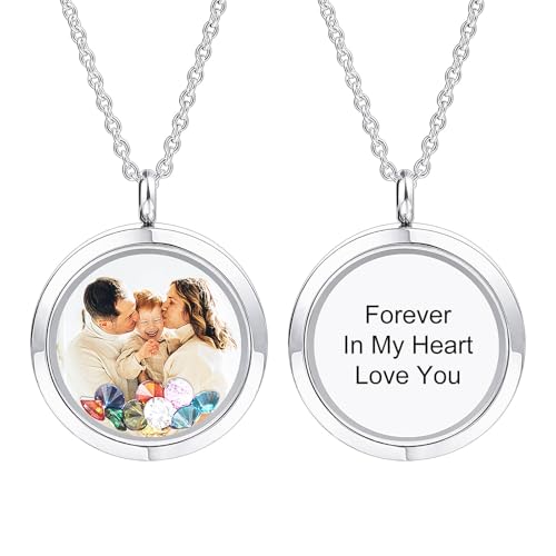 INBLUE Kette Medaillon Foto Personalisiert Anhänger für Damen Schwimmende Charme Glas & Edelstahl Schmuck mit Geburtssteine Lebender Speicher Beste Mama Geschenke Cousine Kette Mama Tochter von INBLUE