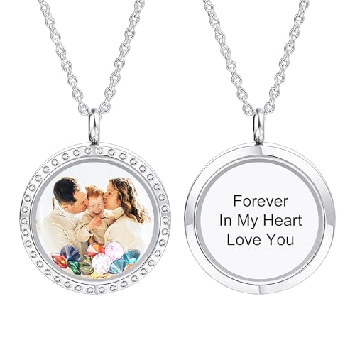 INBLUE Kette Medaillon Foto Personalisiert Anhänger für Damen Schwimmende Charme Glas & Edelstahl Schmuck mit Geburtssteine Lebender Speicher Beste Mama Geschenke Cousine Kette Mama Tochter von INBLUE