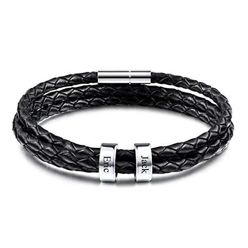 INBLUE Leder Armband Herren mit Gravur 2-6 Name ID Perlen Edelstahl Herren Schmuck Personalisierte Geschenke Frauen Freund Familie Vatertag Geburtstag von INBLUE