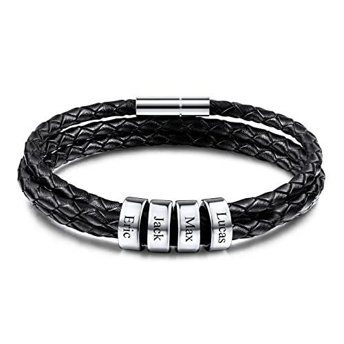 INBLUE Leder Armband Herren mit Gravur 2-6 Name ID Perlen Edelstahl Herren Schmuck Personalisierte Geschenke Frauen Freund Familie Vatertag Geburtstag von INBLUE