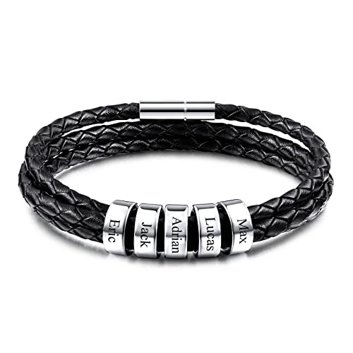 INBLUE Leder Armband Herren mit Gravur 2-6 Name ID Perlen Edelstahl Herren Schmuck Personalisierte Geschenke Frauen Freund Familie Vatertag Geburtstag von INBLUE