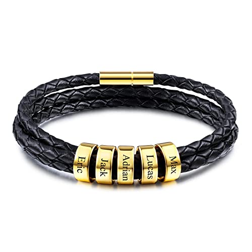 INBLUE Leder Armband Herren mit Gravur 2-6 Name ID Perlen Edelstahl Herren Schmuck Personalisierte Geschenke Frauen Freund Familie Vatertag Geburtstag von INBLUE