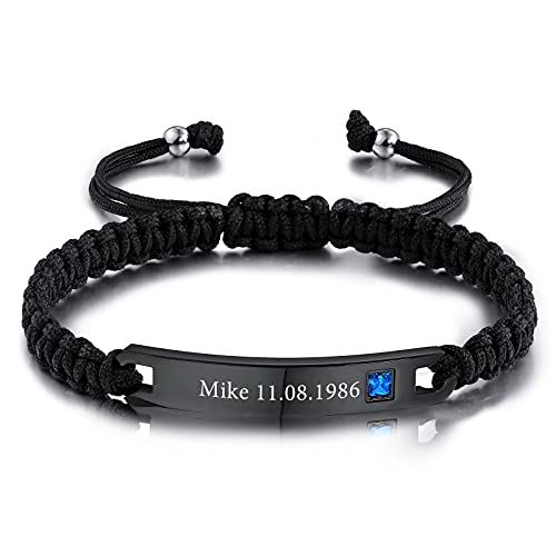 INBLUE Maßgeschneiderte Geflochtene Seilarmbänder mit Gravierter Edelstahlplatte Geburtssteine Handgefertigte Verstellbare Armbänder Geschenke für Frauen Männer Paare Freundschaft Familien von INBLUE