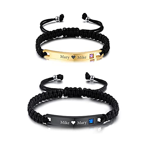 INBLUE Maßgeschneiderte Geflochtene Seilarmbänder mit Gravierter Edelstahlplatte Geburtssteine Handgefertigte Verstellbare Armbänder Geschenke für Frauen Männer Paare Freundschaft Familien von INBLUE