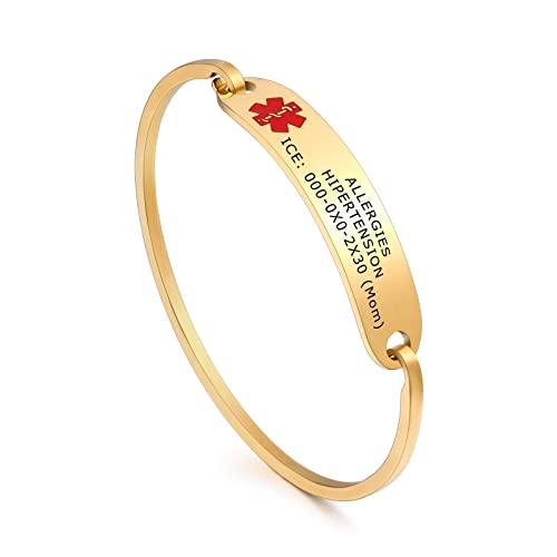 INBLUE Medical Alert ID Armbänder für Frauen Personalisierte Edelstahl Armreif Manschette Namens Identifizierung Allergie Notfall mit Notfallkartenhüllen (Gold, 60 mm) von INBLUE