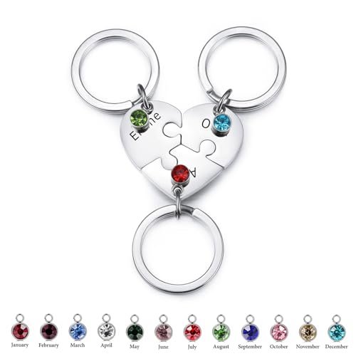 INBLUE Personalisierte 2-5 Namen Herz Puzzle Stück Edelstahl Schlüsselanhänger Set Benutzerdefinierte Namen Schlüsselanhänger Geschenke Für Frauen (Silber – 3 Stück & Geburtssteine) von INBLUE
