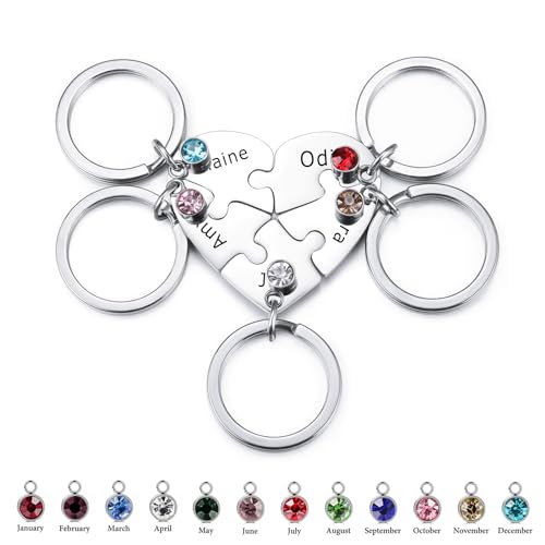 INBLUE Personalisierte 2-5 Namen Herz Puzzle Stück Edelstahl Schlüsselanhänger Set Benutzerdefinierte Namen Schlüsselanhänger Geschenke Für Frauen (Silber – 5 Stück & Geburtssteine) von INBLUE
