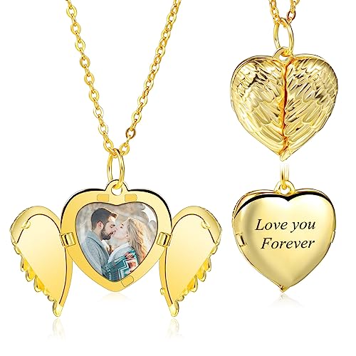 INBLUE Personalisierte 925 Sterling Silber Foto Medaillon Anhänger Halskette Herz Anhänger mit Silber/Gold/Rosegold 3 Farben Optional Schmuck Geschenke für Frauen (Gold, Engelsflügel) von INBLUE