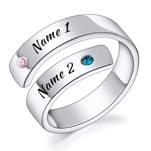 INBLUE Personalisierte 925 Sterling Silber Spirale Twist Ringe für Frauen Gravur Name/Datum mit Geburtssteinen Einstellbare Offene Wickel Band Versprechen Ringe Geschenk für Hochzeit Engagement - A2 von INBLUE