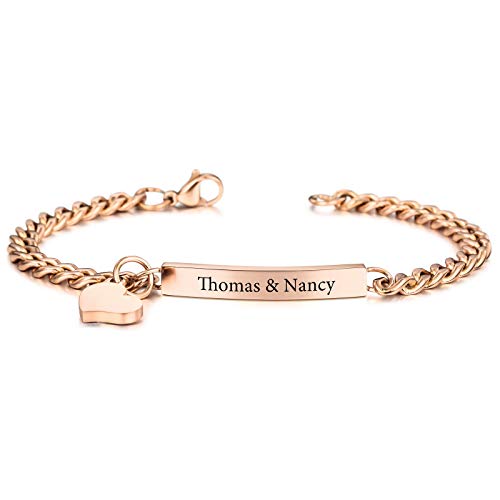 INBLUE Personalisierte Armband Benutzerdefinierte Gravur Name Datum ID für Frauen Mädchen Freundin Edelstahl Bar Fußkettchen mit Herz Anhänger Freundschaft Brautjungfer Geschenk(Roségold Farbe) von INBLUE