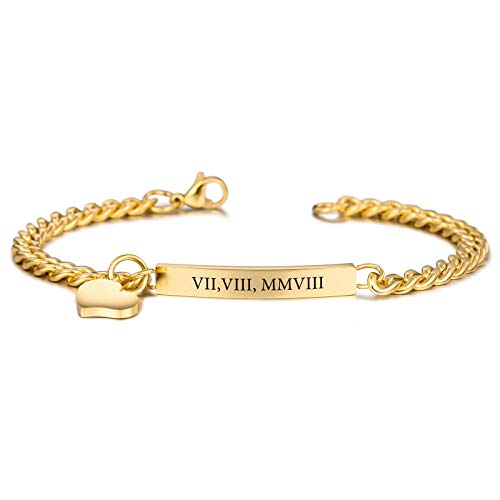 INBLUE Personalisierte Armband Benutzerdefinierte Gravur Name Datum ID für Frauen Mädchen Freundin Edelstahl Bar Fußkettchen mit Herz Anhänger Freundschaft Brautjungfer Schmuck Geschenk(Gold Farbe) von INBLUE