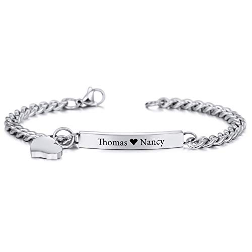 INBLUE Personalisierte Armband Benutzerdefinierte Gravur Name Datum ID für Frauen Mädchen Freundin Edelstahl Bar Fußkettchen mit Herz Anhänger Freundschaft Brautjungfer Schmuck Geschenk(Silber Farbe) von INBLUE