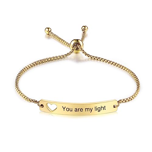 INBLUE Personalisierte Bar Herz Armband Gravur Name Datum Edelstahl Verstellbare Fußkettchen Link für Frauen Freundin Bester Freund Brautjungfer Geschenk (Gold-Herz) von INBLUE