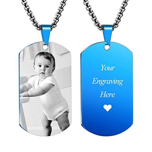 INBLUE Personalisierte Dog Tag Anhänger Halskette Gravur Text/Bilder/Erinnerung Foto Edelstahl Halskette für Männer Frauen Bündel mit verstellbarer Kette, Schlüsselanhänger, Schalldämpfer(Blaue) von INBLUE