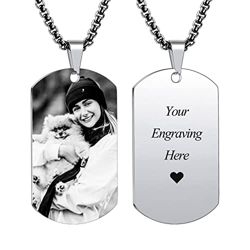 INBLUE Personalisierte Dog Tag Anhänger Halskette Gravur Text/Bilder/Erinnerung Foto Edelstahl Halskette für Männer Frauen Bündel mit verstellbarer Kette, Schlüsselanhänger, Schalldämpfer(Silberfarbe) von INBLUE