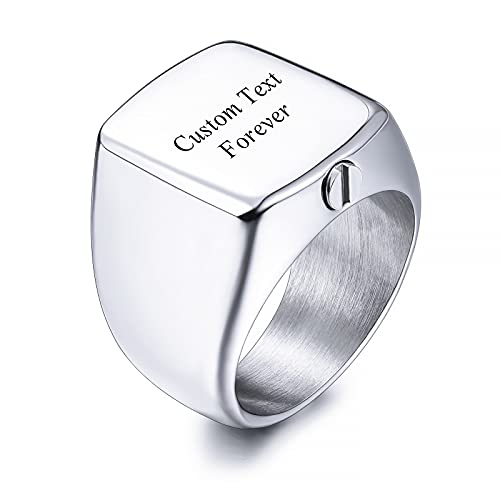 INBLUE Personalisierte Edelstahl Feuerbestattung Urne Siegelring für Männer Frauen Haustier angepasst Text Asche Halter zum Gedenken an Schmuck mit Trichter Kit (Silber Größe 65) von INBLUE