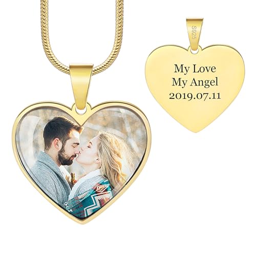 INBLUE Personalisierte Foto Gedenk Halskette für Frauen Gravur Foto/Text 925 Sterling Silber Halskette Rechteck/Herz Erinnerung Halsketten mit Bild Innen für Verlust Geliebten (Herz - Gold) von INBLUE