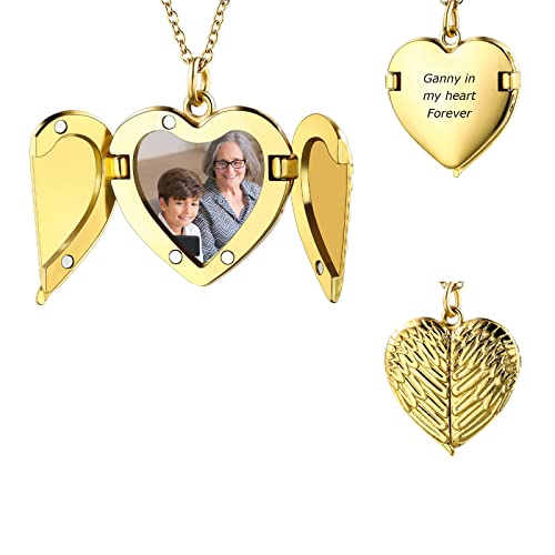 INBLUE Personalisierte Foto Kette Damen Medaillon Halskette Edelstahl Legierung Geschenk Jahrestag für Pärchen Geschenk für Mutter Tochter (Engelsflügel Gold Herz Anhänger) von INBLUE