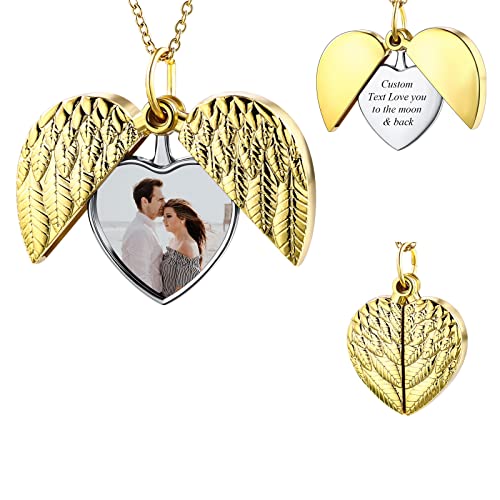 INBLUE Personalisierte Foto Kette Damen Medaillon Halskette Edelstahl Legierung Geschenk Jahrestag für Pärchen Geschenk für Mutter Tochter (Gold Herz Engelsflügel Anhänger) von INBLUE