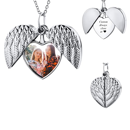 INBLUE Personalisierte Foto Kette Damen Medaillon Halskette Edelstahl Legierung Geschenk Jahrestag für Pärchen Geschenk für Mutter Tochter (Silber Herz Engelsflügel Anhänger) von INBLUE