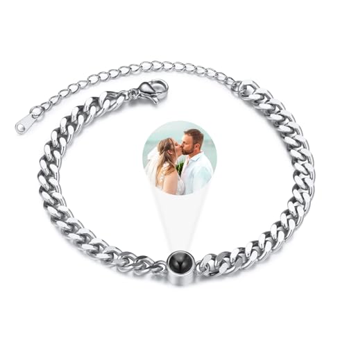 INBLUE Personalisierte Foto Projektion Armband für Paar - Edelstahl Kandare Kette Mit Projektion Perle - Individuelle Bild Innen Memorial Geschenke für Frauen - Silber von INBLUE