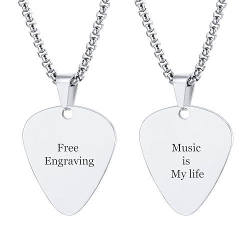 INBLUE Personalisierte Gitarren Plektrum Halskette für Männer Graviert mit Text/Foto Anpassen Edelstahl Gitarre Anhänger Felsen Punk Cooles Schmuck Geschenk für Musik-Liebhaber (A1 - Text) von INBLUE