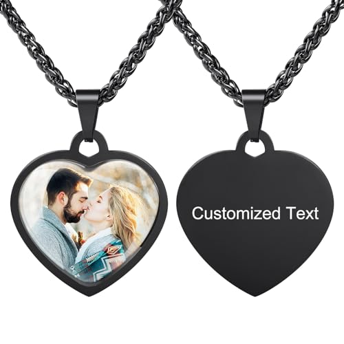 INBLUE Personalisierte Gravierte Bild Text Halskette mit Schützendes Epoxid Edelstahl Hundemarke Herz Form Anhänger mit Weizen/Rolo Kette Gedenk Schmuck Geschenk für Frauen (A-Schwarz) von INBLUE