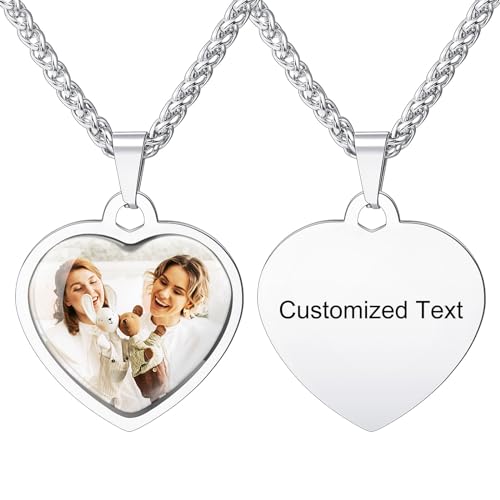 INBLUE Personalisierte Gravierte Bild Text Halskette mit Schützendes Epoxid Edelstahl Hundemarke Herz Form Anhänger mit Weizen/Rolo Kette Gedenk Schmuck Geschenk für Frauen (A-Silber) von INBLUE