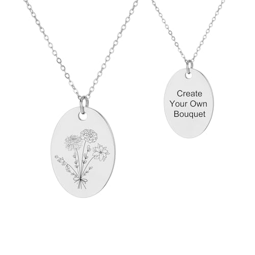 INBLUE Personalisierte Gravierte Geburt Blume Disc Halskette für Damen Gravierte Text Edelstahl Oval Anhänger Kombinierte Geburt Blume Strauß Halskette Zierliche Schmuck Geschenk für Geburtstag - D2 von INBLUE