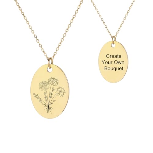 INBLUE Personalisierte Gravierte Geburt Blume Disc Halskette für Damen Gravierte Text Edelstahl Oval Anhänger Kombinierte Geburt Blume Strauß Halskette Zierliche Schmuck Geschenk für Geburtstag - E2 von INBLUE