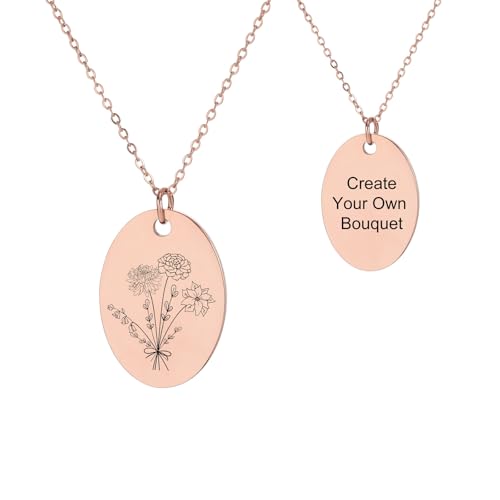 INBLUE Personalisierte Gravierte Geburt Blume Disc Halskette für Damen Gravierte Text Edelstahl Oval Anhänger Kombinierte Geburt Blume Strauß Halskette Zierliche Schmuck Geschenk für Geburtstag - F2 von INBLUE