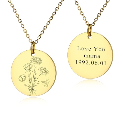 INBLUE Personalisierte Gravierte Geburt Blume Disc Halskette für Damen Gravierte Text Edelstahl Runde Anhänger Kombinierte Geburt Blume Strauß Halskette Zierliche Schmuck Geschenk für Geburtstag - B3 von INBLUE