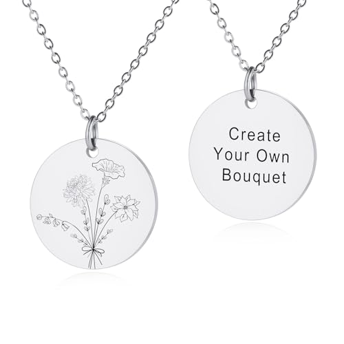 INBLUE Personalisierte Gravierte Geburt Blume Disc Halskette für Damen Gravierte Text Edelstahl Runde Anhänger Kombinierte Geburt Blume Strauß Halskette Zierliche Schmuck Geschenk für Geburtstag - A3 von INBLUE